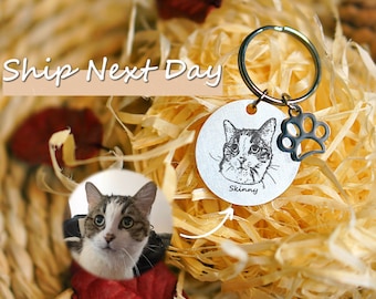 Custom Cat Portrait ID Tag: Personalized Pet Memorial Keychain