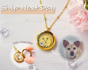 Custom Pet Portrait Locket Necklace, Photo Hair Keepsake Memorial Jewelry