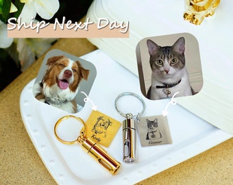 Pet Memorial Keychain with Hair Ashes Vial: Engraved Portrait Keepsake, Personalized Sympathy Gift