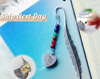 Personalized Pet Memorial Bookmark: Feather Angel Wing, Rainbow Stone Beads, Custom Portrait Urn