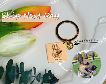 Custom Pet Portrait Keychain: Engraved Dog Cat Picture Tag with Initial, Bag Charm