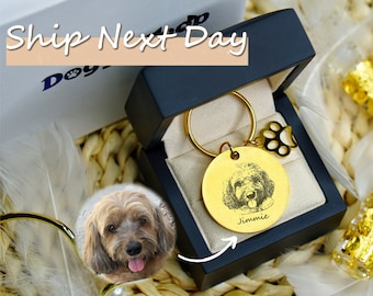 Custom Pet Portrait Tag: Engraved Dog/Cat Keychain, Memorial Gift, Pet Keepsake