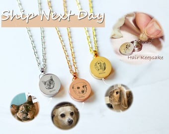 Engraved Pet Portrait Necklace: Fur/Ash Locket Pandent, Custom Pet Memorial Gift for Mom