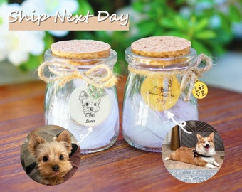 May include: Two small glass jars with cork lids, each containing a white feather and a personalized tag. The tag on the left jar has a hand-drawn image of a Yorkshire Terrier and the name "Luna". The tag on the right jar has a hand-drawn image of a Corgi and the name "Toby". Both jars have a small gold charm with the word "LOVE" and a paw print.