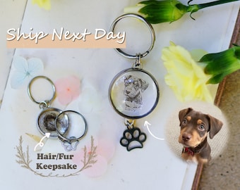 Custom Pet Portrait Keepsake Keychain, Memorial Gift, Personlaized Engraved Hair/Fur Locket