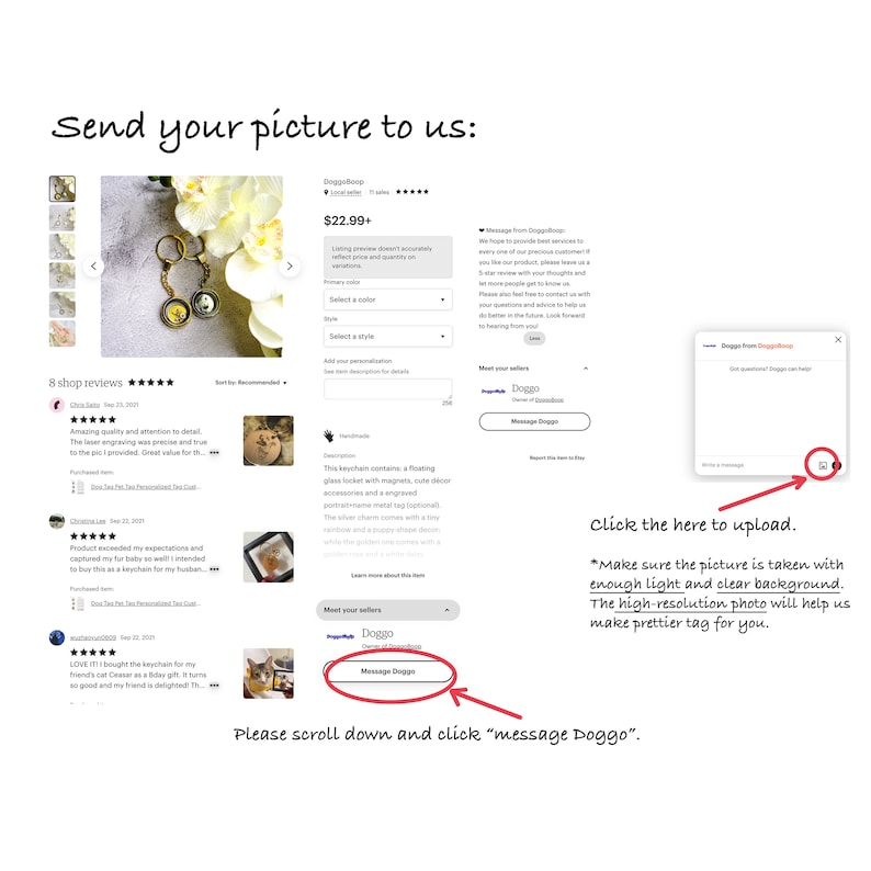 K&ouml;nnte beinhalten: Ein Screenshot einer Etsy-Shop-Seite mit einer Produktliste f&uuml;r einen personalisierten Schl&uuml;sselanh&auml;nger. Der Schl&uuml;sselanh&auml;nger ist aus Metall und hat einen schwebenden Glasanh&auml;nger mit Magneten. Die Liste fordert die Kunden auf, ein Bild zum Gravieren auf den Schl&uuml;sselanh&auml;nger hochzuladen. Der Text "Message Doggo" ist rot hervorgehoben.