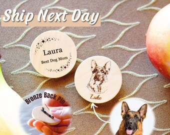 Custom Wooden Pet Portrait Pin: Laser Engraved Pet Memorial Gift for Dog and Cat