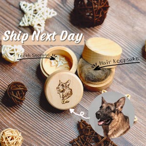 Wooden Keepsake Memorial Box with Pet Portrait Engraving Pet Memorial Tooth and Hair Case Personalized Urn Memorial Gift