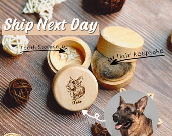 May include: Two wooden boxes with engraved text, one labeled "Teeth Storage" and the other "Hair Keepsake". The box labeled "Teeth Storage" has a small dog silhouette engraved on the lid with the name "Luke" underneath. A German Shepherd dog is pictured in the background.