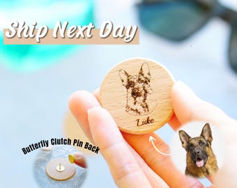 Custom Pet Portrait Pin: Engraved Wooden Memorial Keepsake for Dog & Cat Lovers