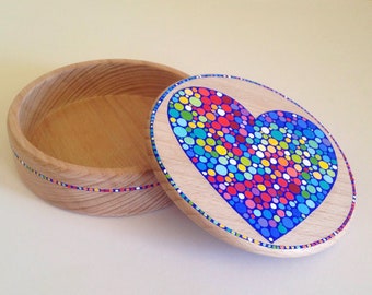 Wooden jewelry box "Heart", trinket box, colorful jewelry box for every kind of jewelry, round rings box, wooden ring box, round jewelry box