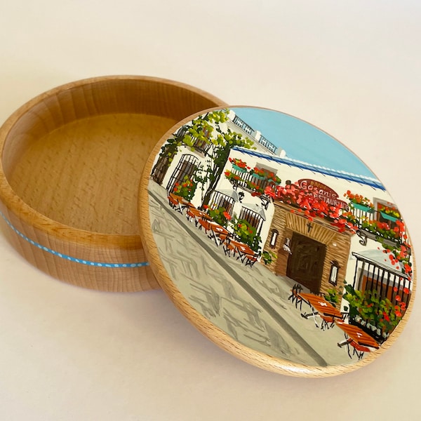 Wooden jewelry box, jewellery box, trinket box, ring box, rings box, round box, Marbella, Spain, Marbella souvenirs, Spain souvenir, art