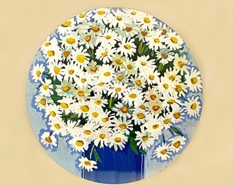 Painting, chamomiles, camomile, daisy, mini painting, home decor, acrylic on wood, Armenian painter, mini painting on wood, round painting