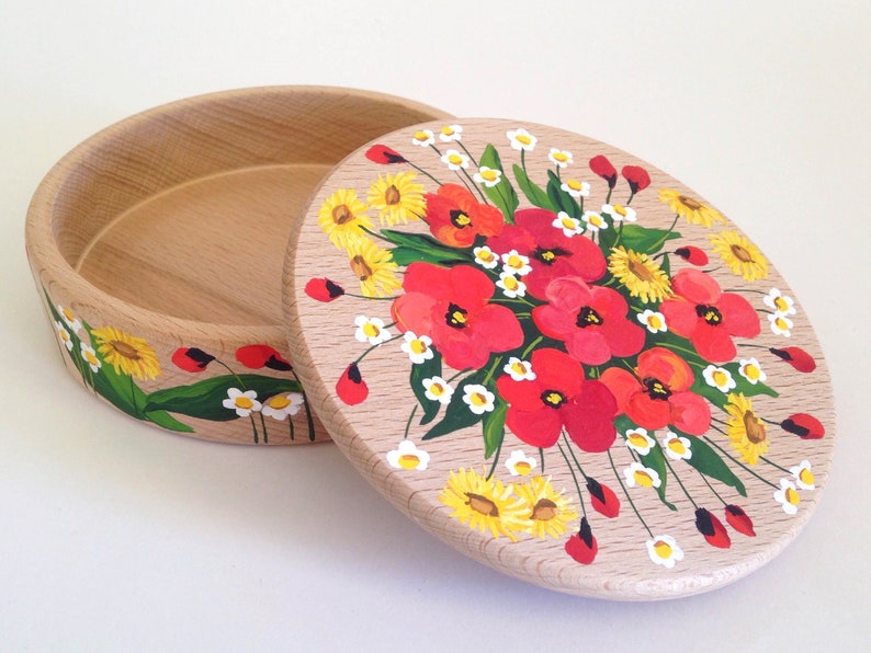 Wooden jewelry box Poppies, trinket box, rings box, han painted jewelry box, a gift for a girl, a gift for Mother, decor, Armenian art image 1