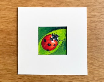 Acrylic on paper painting "The Ladybug", springtime paintings, Easter season wall decoration, mini painting, bright and colorful paintings