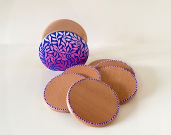 Wooden cup coasters, hand painted cup coasters set, handmade drink mats, colorful beverage coasters, beermat, wooden round cup coasters set