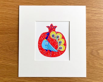 Acrylic painting of a peacock, peacock painting, good luck painting, pomegranate painting, small paintind, mini painting, bright wall decor