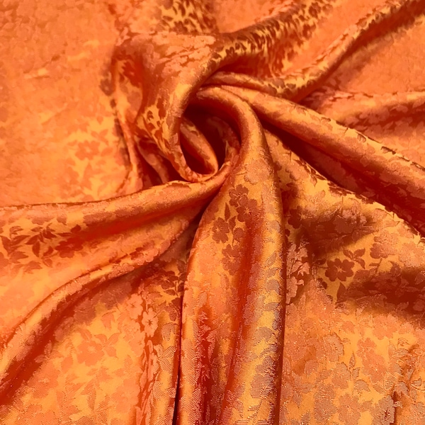 PURE MULBERRY SILK Fabric by the Yard Tangerine Floral Statement Fall Textile Crafting Sewing Dress Clothes Making 25 Momme Brocade Silk