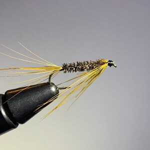 May include: A close-up of a brown and black fly fishing lure with yellow feathers.