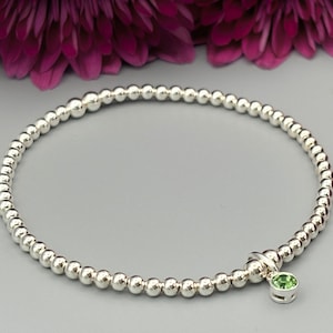 August Birthstone Bracelet, Sterling Silver Beaded Bracelet with Swarovski Charm, Peridot Gemstone Bracelet