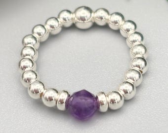 Sterling Silver February Birthstone Ring, Natural Amethyst Beaded Ring