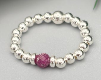 Sterling Silver July Birthstone Ring, Natural Ruby Beaded Ring