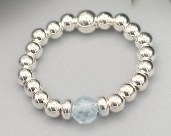 Sterling Silver March Birthstone Ring, Natural Aquamarine Beaded Ring