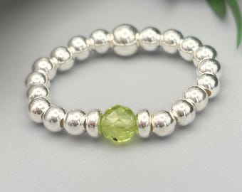 Sterling Silver August Birthstone Ring, Natural Peridot Beaded Ring