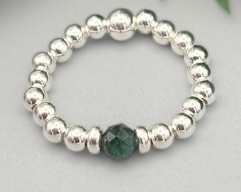 Sterling Silver May Birthstone Ring, Natural Emerald Beaded Ring
