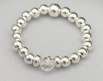 Sterling Silver April Birthstone Ring, Natural Crystal Quartz Beaded Ring
