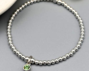 Sterling Silver August Birthstone Bracelet, Peridot Swarovski Crystal Charm, Stacking Jewellery