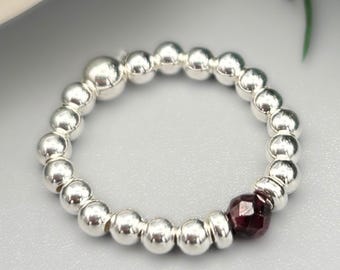 Sterling Silver January Birthstone Ring, Natural Garnet Beaded Ring