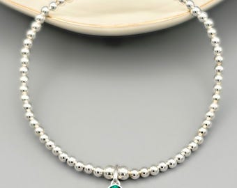 May Birthstone Bracelet, Sterling Silver Beaded Bracelet with Emerald Swarovski Crystal, Birthday Gift for Her