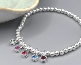Sterling Silver Family Birthstone Bracelet: Personalised Gift, Swarovski Crystal Charms