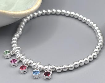 Sterling Silver Family Birthstone Bracelet: Personalised Gift, Swarovski Crystal Charms