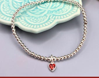 Sterling Silver January Birthstone Bracelet, Garnet Heart Charm