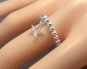 Sterling Silver Beaded Stretch Ring with Outline Star Charm | Stacking Rings | Star Bead Ring