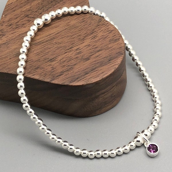 February Birthstone Sterling Silver beaded bracelet with Swarovski charm | Amethyst Charm Bracelet