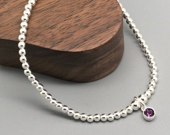 February Birthstone Sterling Silver beaded bracelet with Swarovski charm | Amethyst Charm Bracelet