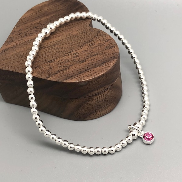 Sterling Silver October Birthstone Bracelet, Sterling Silver Swarovski Charm Beaded Bracelet