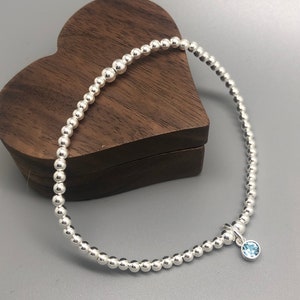 March Birthstone Sterling Silver beaded bracelet with Swarovski charm | Aquamarine | March birthday gift