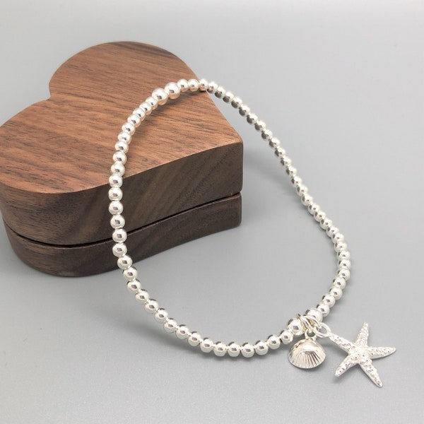 Sterling Silver Starfish Bracelet, Shell Charm Bracelet, Beach Bracelet, Summer Bracelet