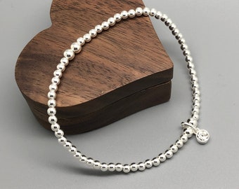 April Birthstone Sterling Silver beaded bracelet with Swarovski charm, Diamond, Crystal, birthday gift,