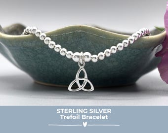 Sterling Silver Trefoil Charm Bracelet, Celtic Trinity Knot Stacking Jewellery