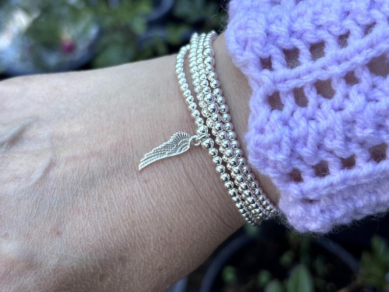 Sterling Silver Angel Wing Bracelet, Beaded Stacking Jewellery, Memorial Bracelet image 9
