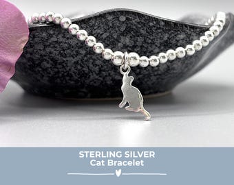 Sterling Silver Cat Charm Bracelet: Beaded Dainty Jewellery