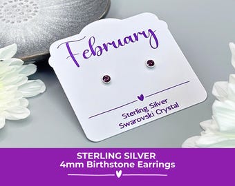 Sterling Silver February Birthstone Earrings, Amethyst Purple Swarovski Crystal Studs