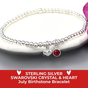 Sterling Silver July Birthstone Bracelet: Heart Charm, Ruby Swarovski Crystal Jewellery