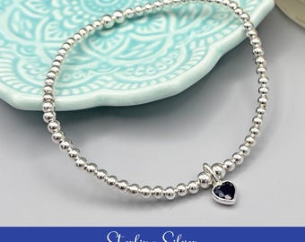Sterling Silver September Birthstone Bracelet, Sapphire Swarovski Crystal Heart Charm