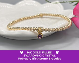 February Birthstone Bracelet: 14K Gold Filled, Amethyst Swarovski Crystal Charm